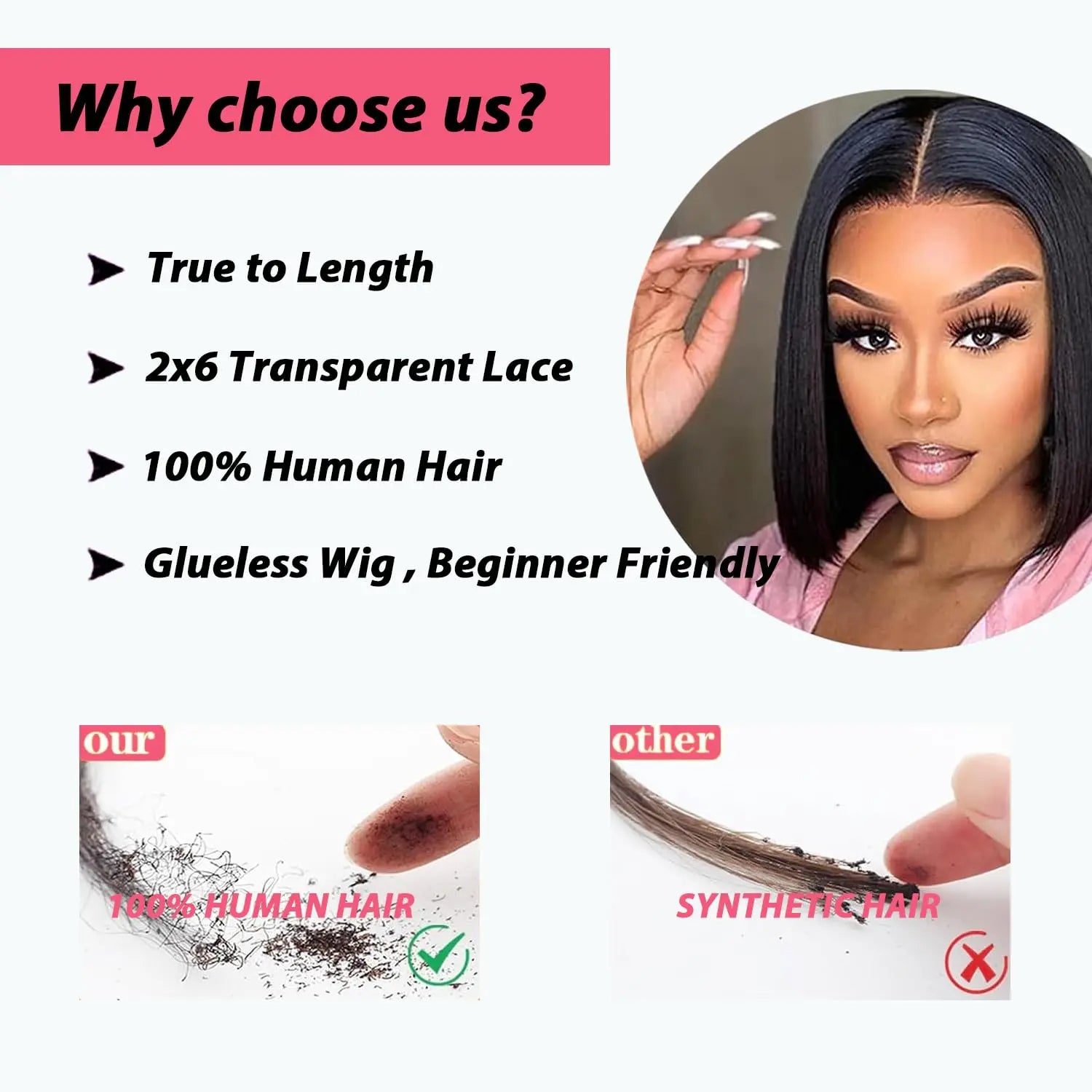 CCLG 2x6 HD Lace Short Straight Bob Wig — 100% Human Hair, Natural Hairline & Easy Install Ready to Go Middle Parted Glueless Bob Wig Natural Black