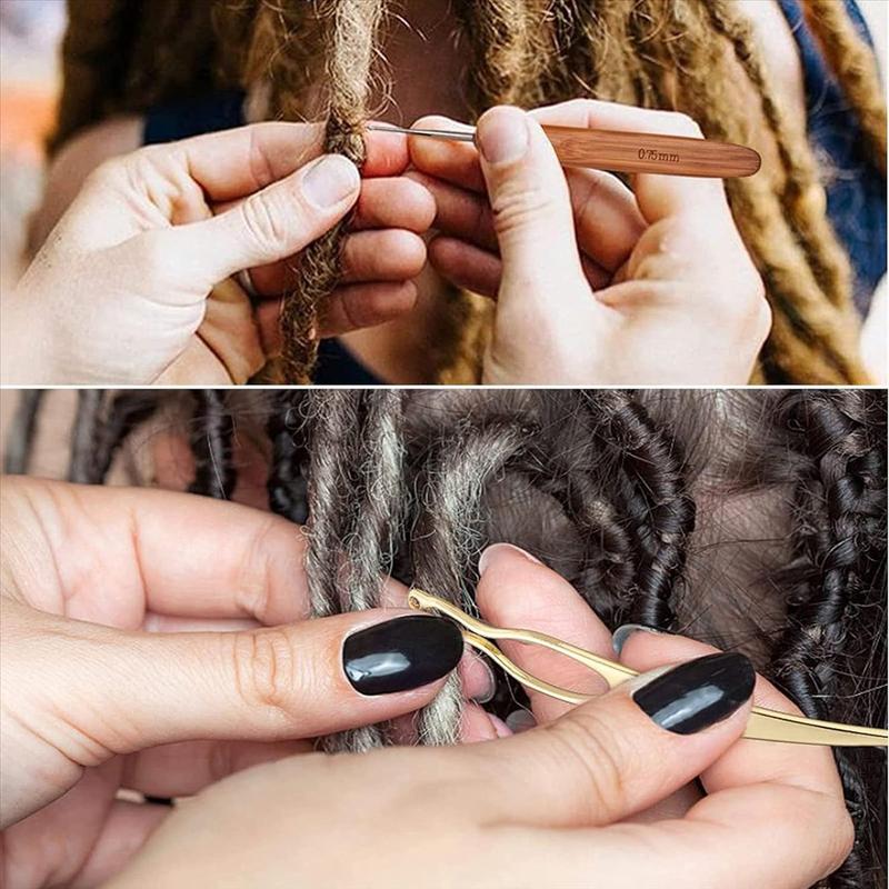 CCLG Quick-Install Crochet & Dreadlock Tools 12-Piece Dreadlock Tool Kit — Bamboo-Handle Crochet Needles, Latch Hooks, Interlocking Tool & Storage Bag for Locs/Protective Styles