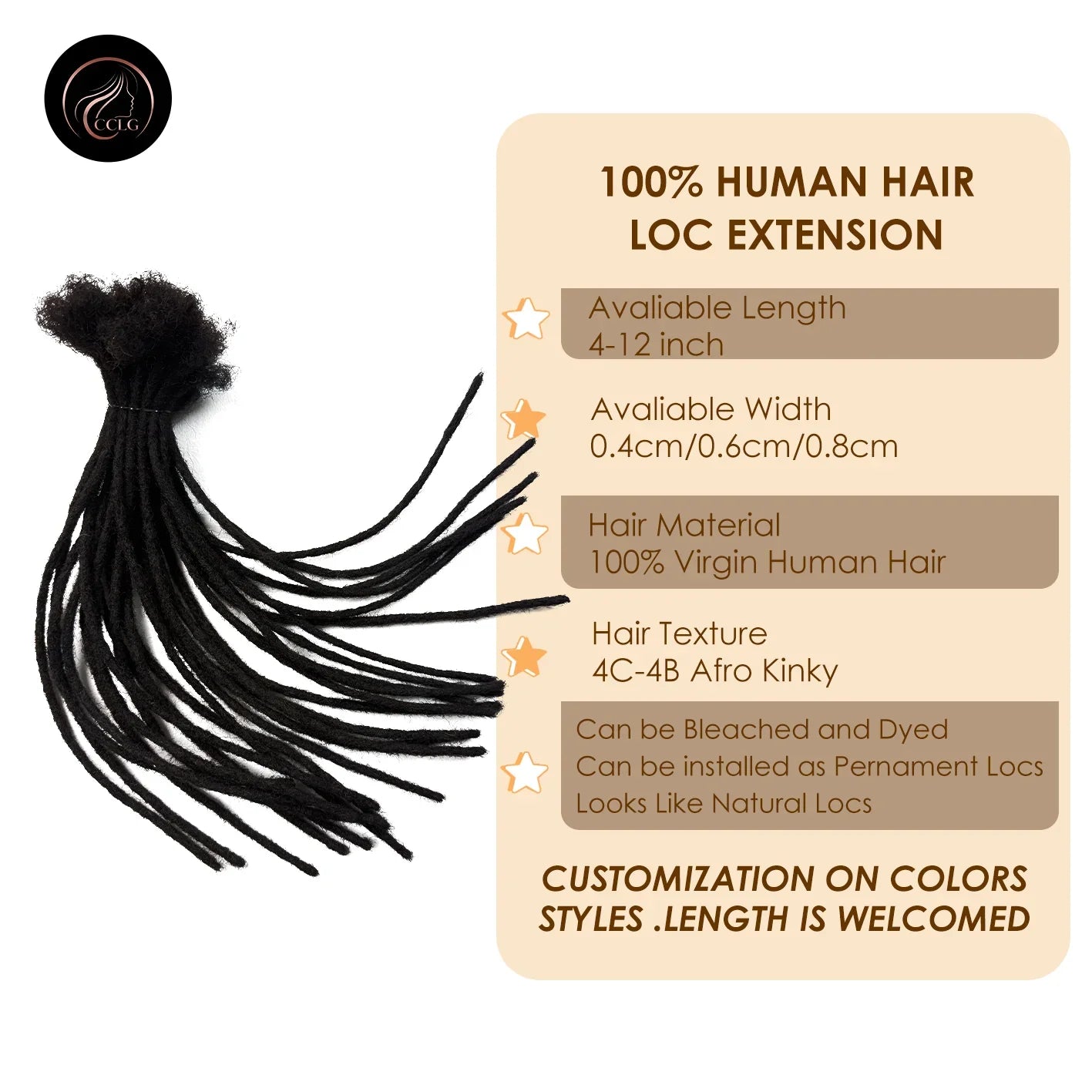 CCLG 8inch Full color  Hair Dreadlocks Extensions 100% human hair Handmade Locs For Men and Women 0.4cm-0.8cm Thickness
